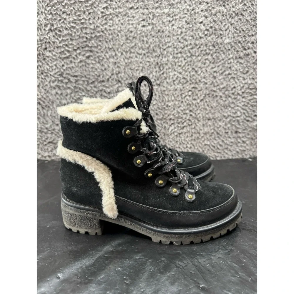 Tory Burch Cooper Suede Shearling Lined Lace-up Boots Black Womens Size‎ 7.5M